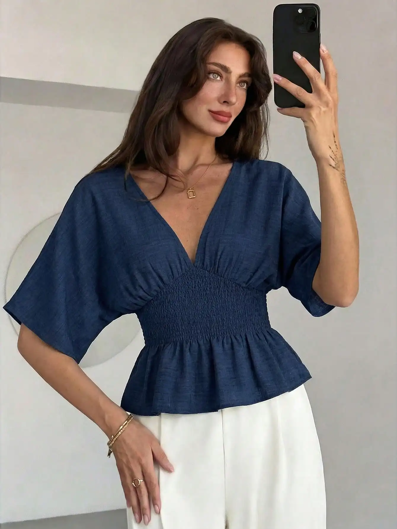 

Women's V-Neck Pleated Short Sleeve Blouse Elegant Solid Color Top