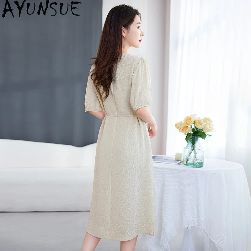 AYUNSUE 88.7% Real Mulberry Silk Summer Dress Women Clothing Casual Elegant Womens Dresses Loose Fit Lace-up Vestidos Femenino