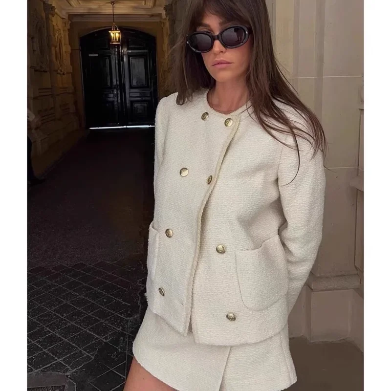 

Elegant Tweed Jacket Coat For Women Fashion Solid Double Breasted Pocket O Neck Jackets Coats Office Lady Street 2025 New Autumn