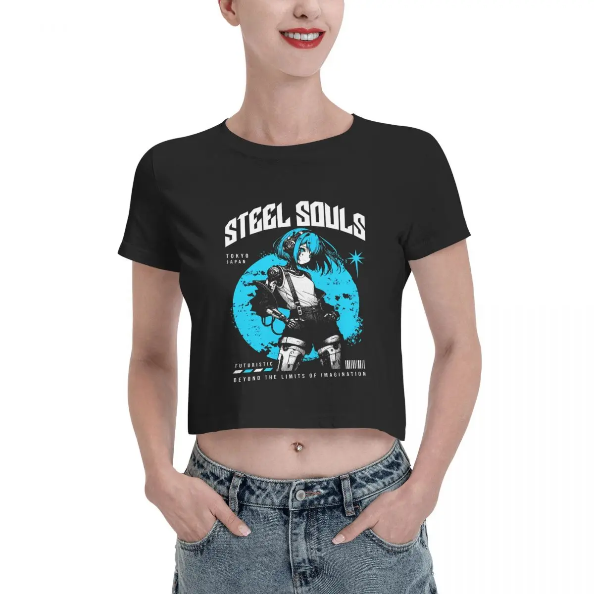 Steel Souls Anime Girl Cyborg Leak navel T-shirt, Womens Summer Cotton Tee Fashion Crew Neck Short Sleeve T Shirts