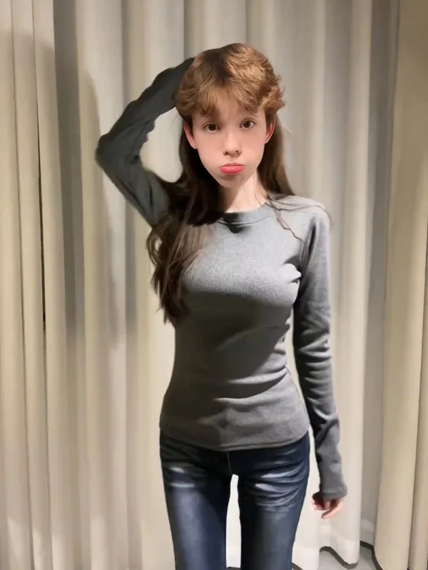 

Женская теплая зимняя футболка больших размеров с круглым вырезом, на флисовой подкладке, приталенного кроя, в корейском стиле, для повседневной носки, для фигуры типа «груша»