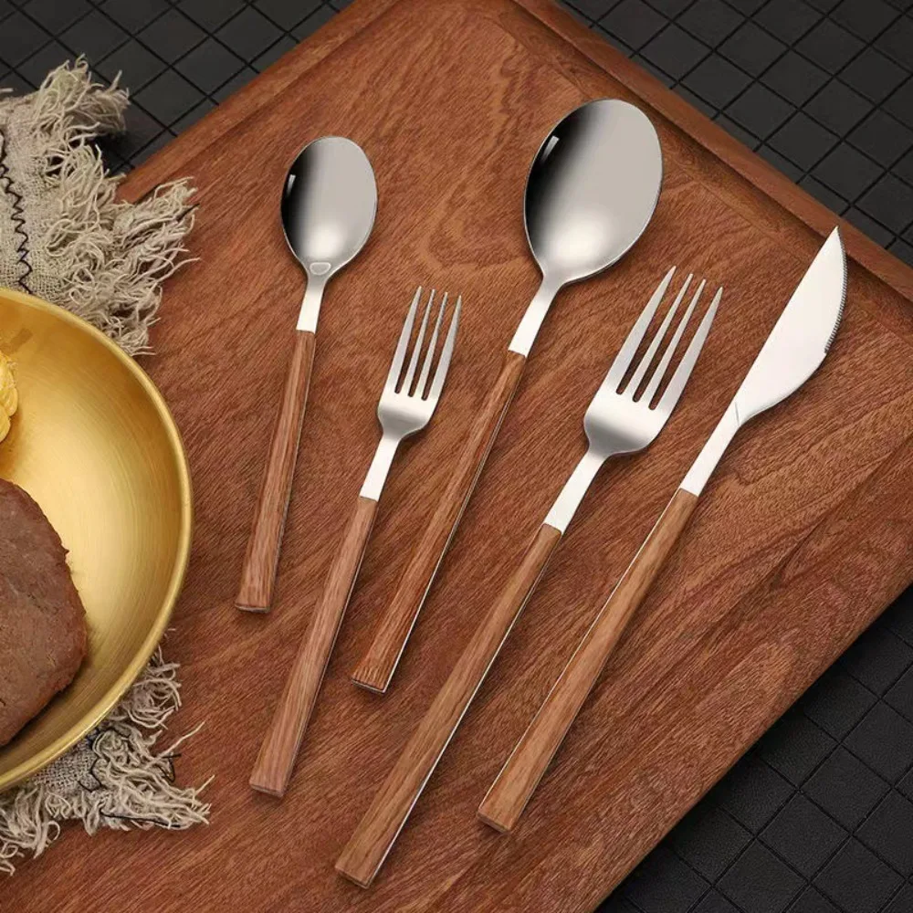 Simplicity Stainless Steel Spoon Fork Knife Wood Grain Portable Steak Knife Western Tableware Thickened Fruit Fork