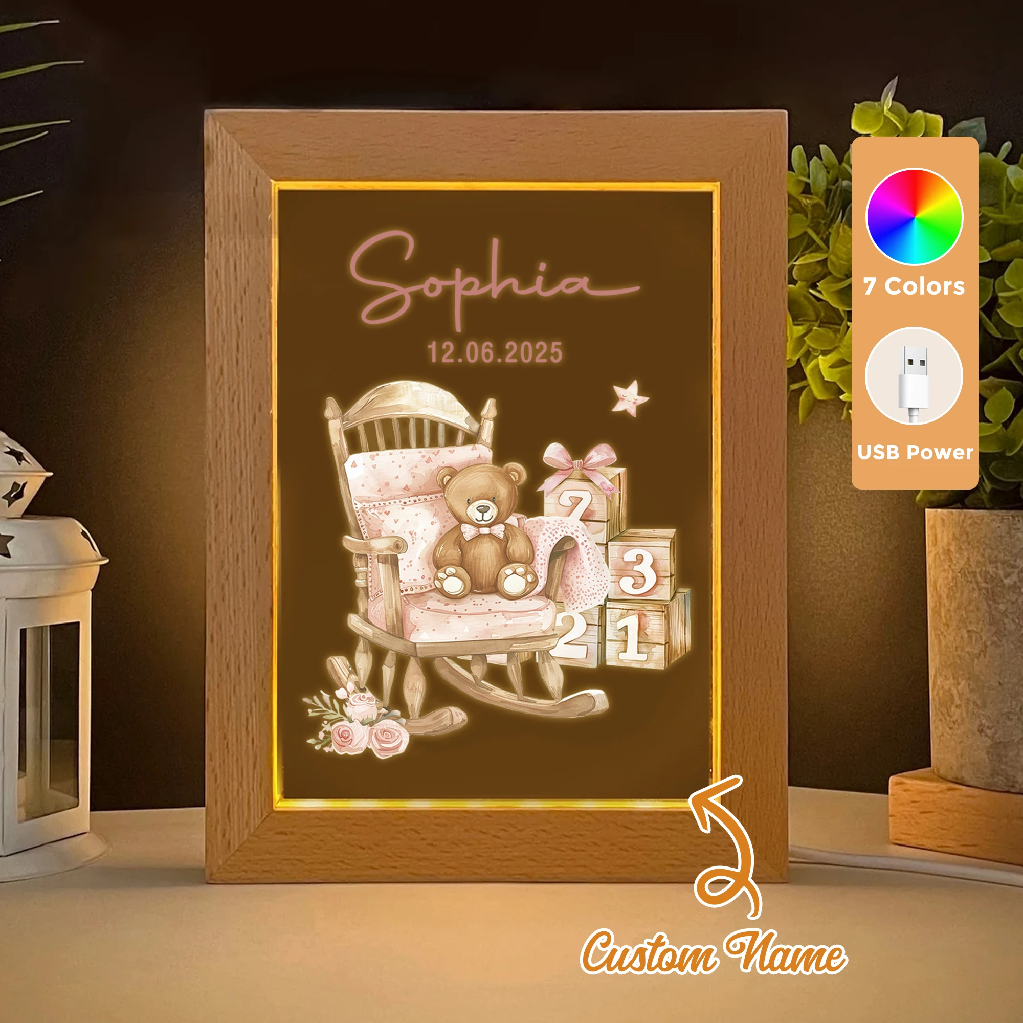 

2D Flat Custom Name Rocking Chair And Teddy Bear LED Acrylic Night Light Wood Photo Frame 21x17cm Child Bedroom Gifts Home Decor