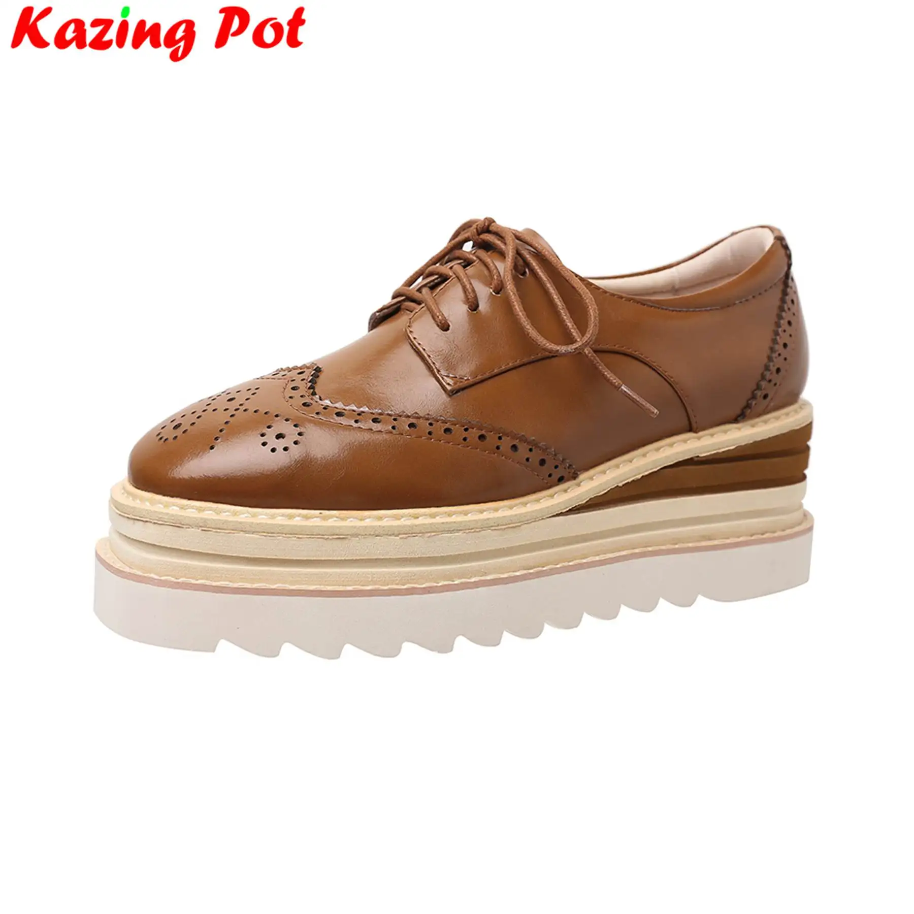 

Krazing Pot Cow Leather Platforms Autumn Vulcanized Shoes Sport Wedges High Heels Increase Casual Lace Up Comfort Women Sneakers