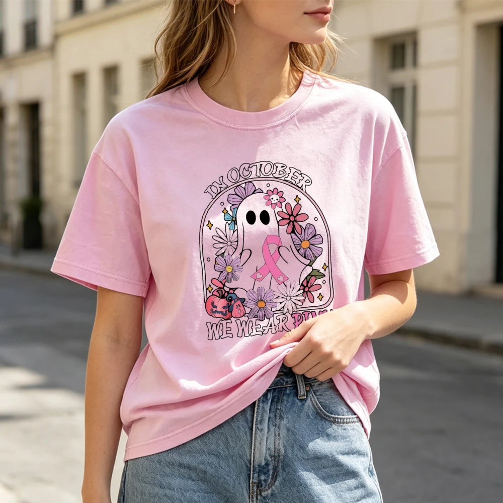 In October We Wear Pink Ghost Floral Art Women Fall T‑Shirt Spooky Season Inspirational Breast Cancer Fighter Women Clothes