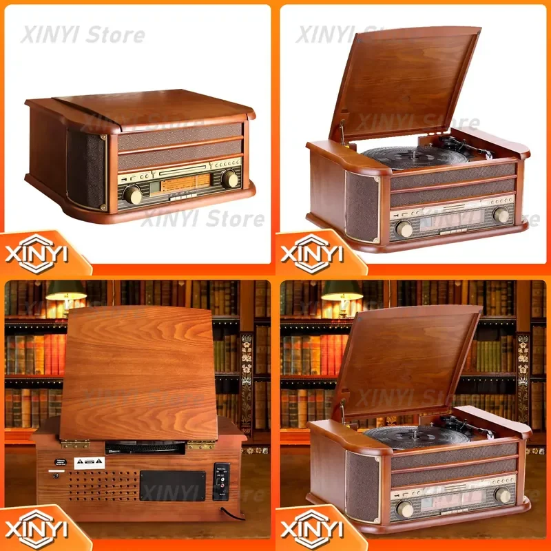 for Wooden Nostalgic Stereo Record Player Vinyl Turntable Gramophone with Recording LP CD Radio USB SD AUX Function