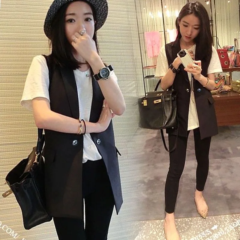 

Korean Style Elegant Ladies Long Suit Vest Spring Summer Black Sleeveless Jackets Casual Loose One-Button Cardigan Coat