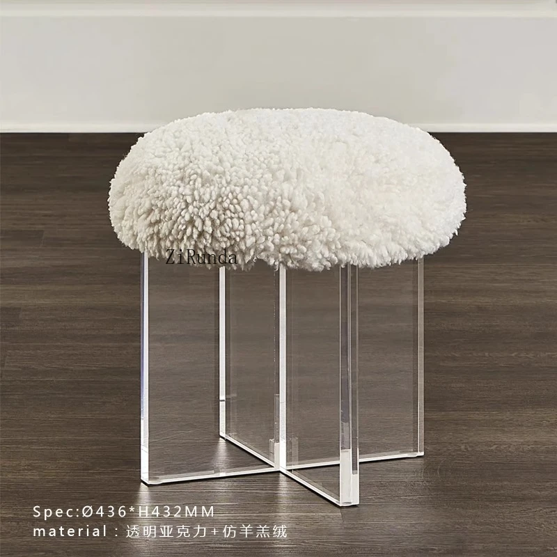 مقعد إيطالي فاخر من صوف الضأن المقلد، مقعد منزلي شفاف من الأكريليك ما بعد الحداثة لتغيير الأحذية المستديرة