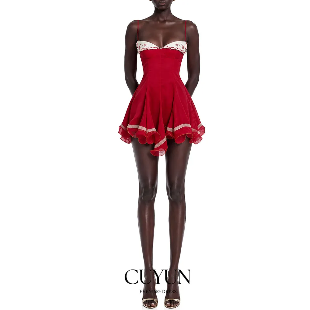 CUYUN Red Embroidered Flared Mini Dress Prom Gown Customized Short Cocktail Dresses Spaghetti Straps Short Special Occasion Gown