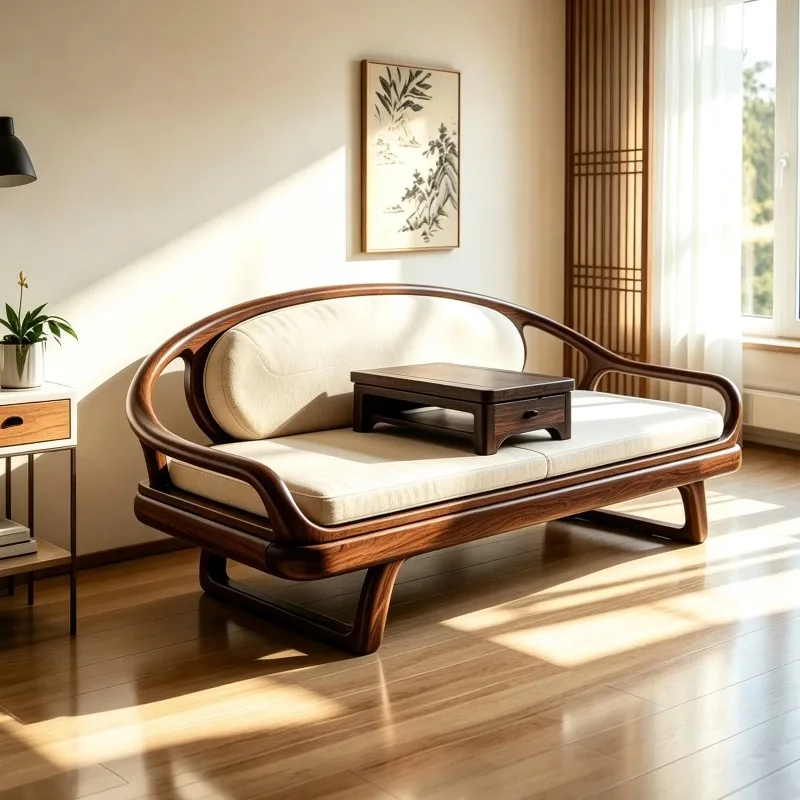 New Chinese-style simple solid wood fabric sofa, living room Zen black walnut straight row three-person sofa