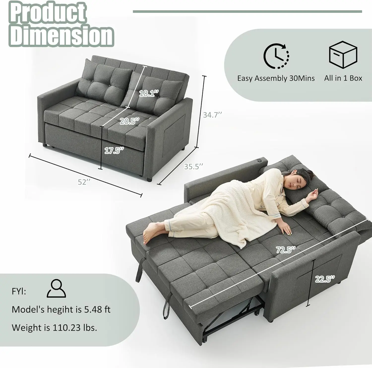 

52" Sleeper Sofa with Pull-Out Bed, 3-in-1 Convertible Sofa Bed, Loveseat with Stepless Adjustable Backrest and Side Pocket