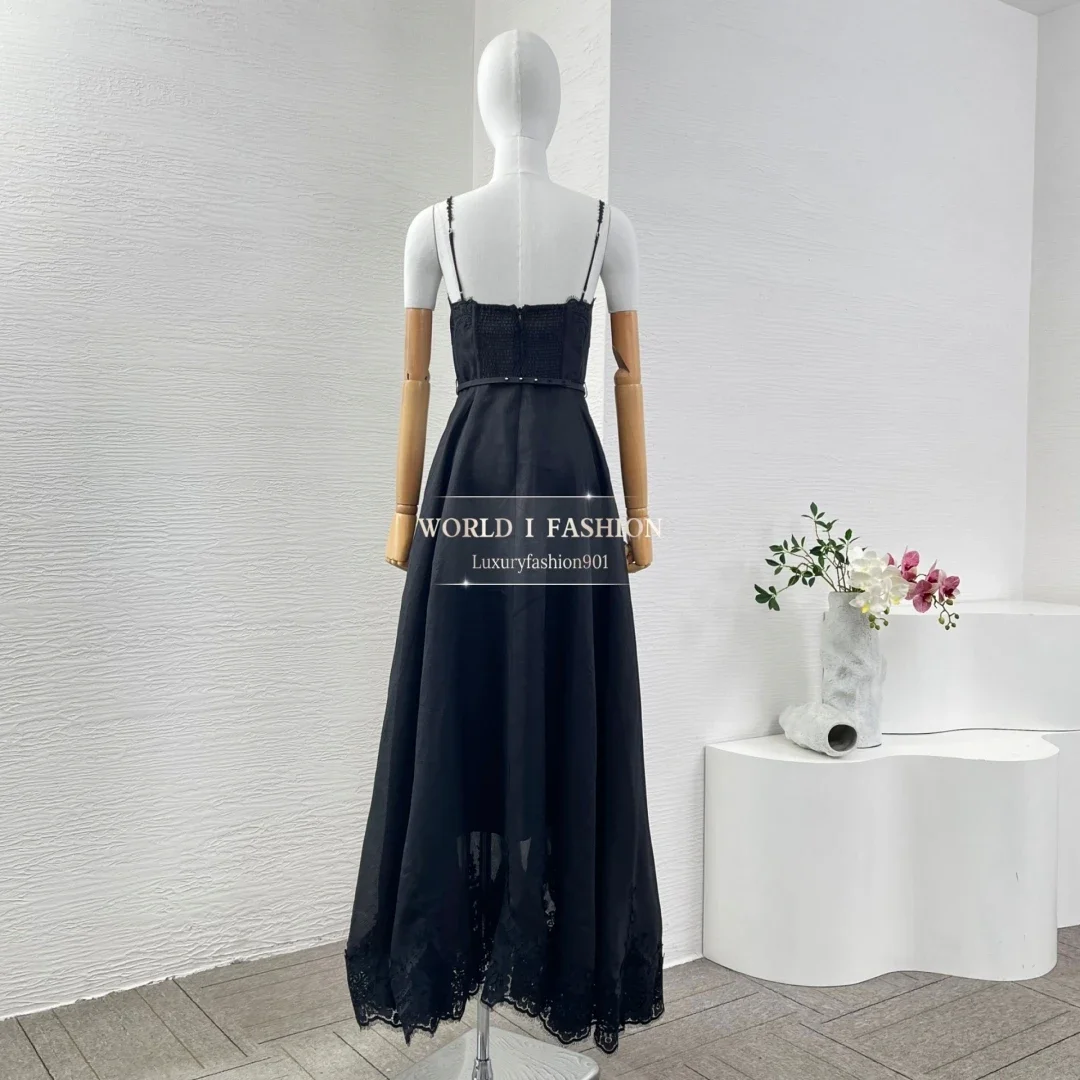 

Linen Silk Woman Clothes Black Sleeveless Lace Patchwork Midi Dress 2025