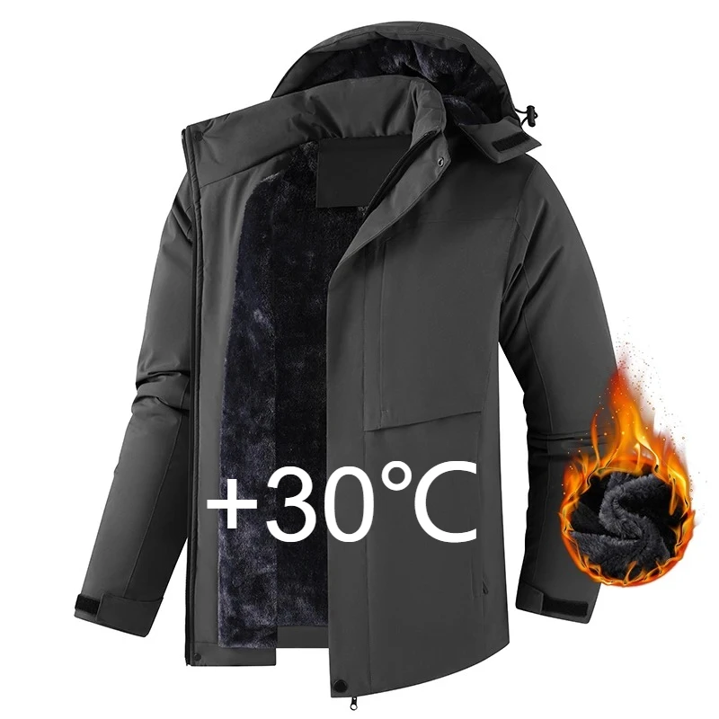 Men's Warm Waterproof Jackes Coat Man Outdoor Casual Cotton Hooded Detachable Coat Mens Windproof Fleece Thicken Jacket Parkas