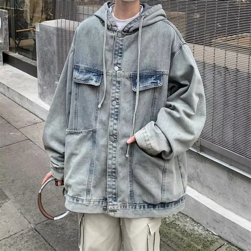 

Мужские джинсовые пальто, весна-осень, повседневные свободные синие куртки в стиле ретро с капюшоном, модные однобортные куртки с большими карманами и шнурком