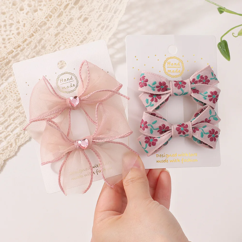 

2Pcs Pink style French Retro Embroidery Bow Hair Clips for Children Gentle Mini Bangs Hairpins cute Headwear Hair Accessories