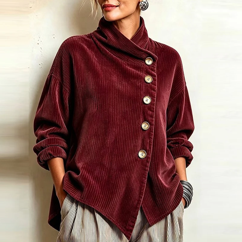 New Autumn Winter Corduroy Jacket For Women Wrap Cowl Neck Long Sleeve Loose Coat Irregular Button Jackets For Women Sweatshirts