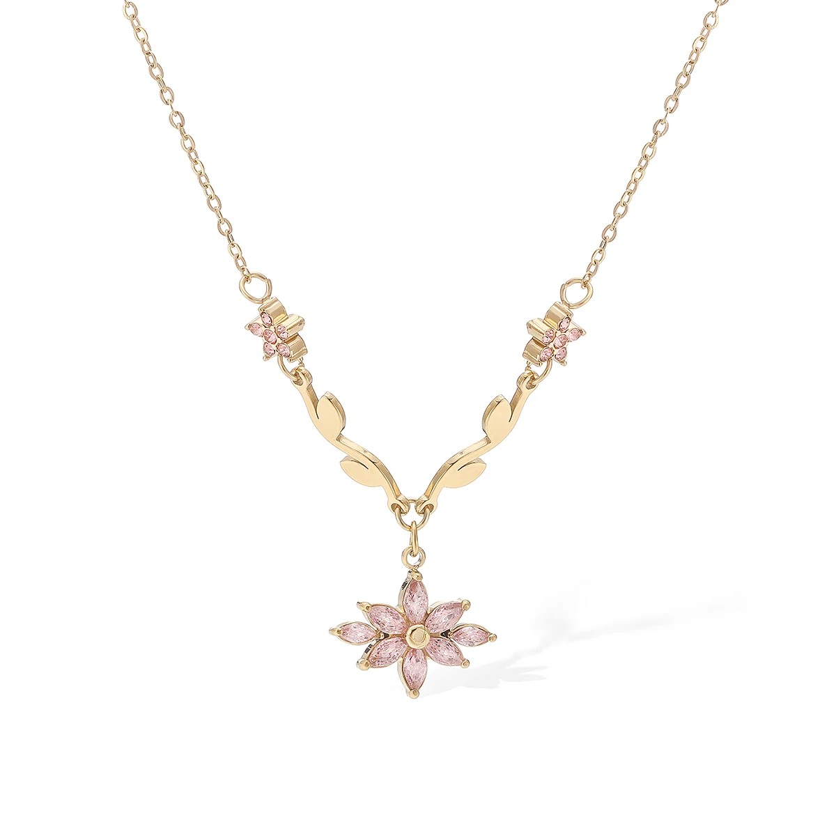 Clear Pink/Blue Cubic Zirconia Flower Choker Necklaces For Lady Gold Color Non-Fading Stainless Steel Jewelry Birthday Gift