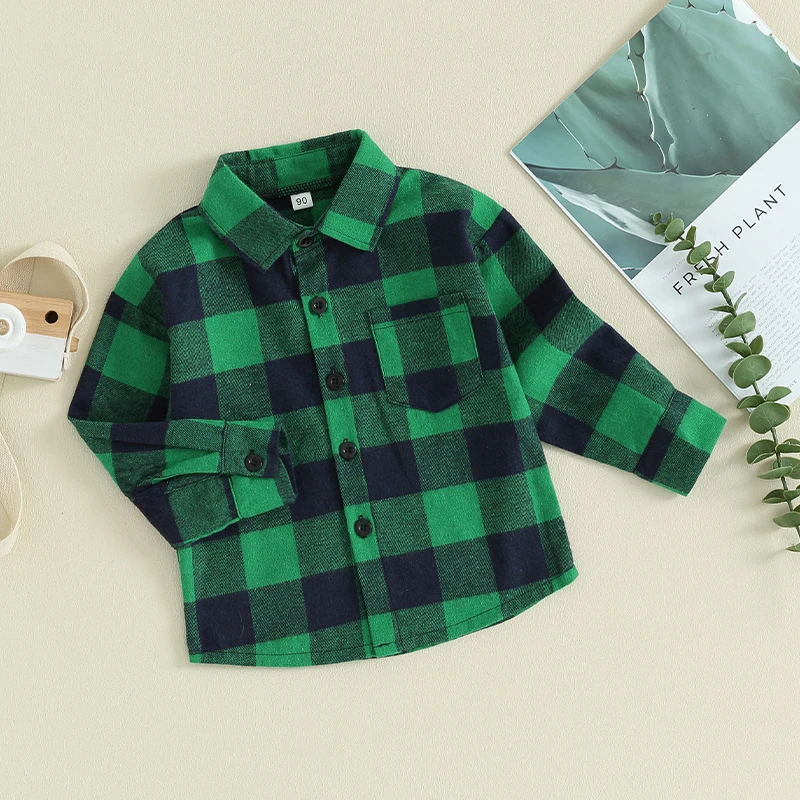 Kids Boys Green Plaid T-Shirts Spring Fall Long Sleeve Plaid Pocket Blouse Shirt Tops Clothes