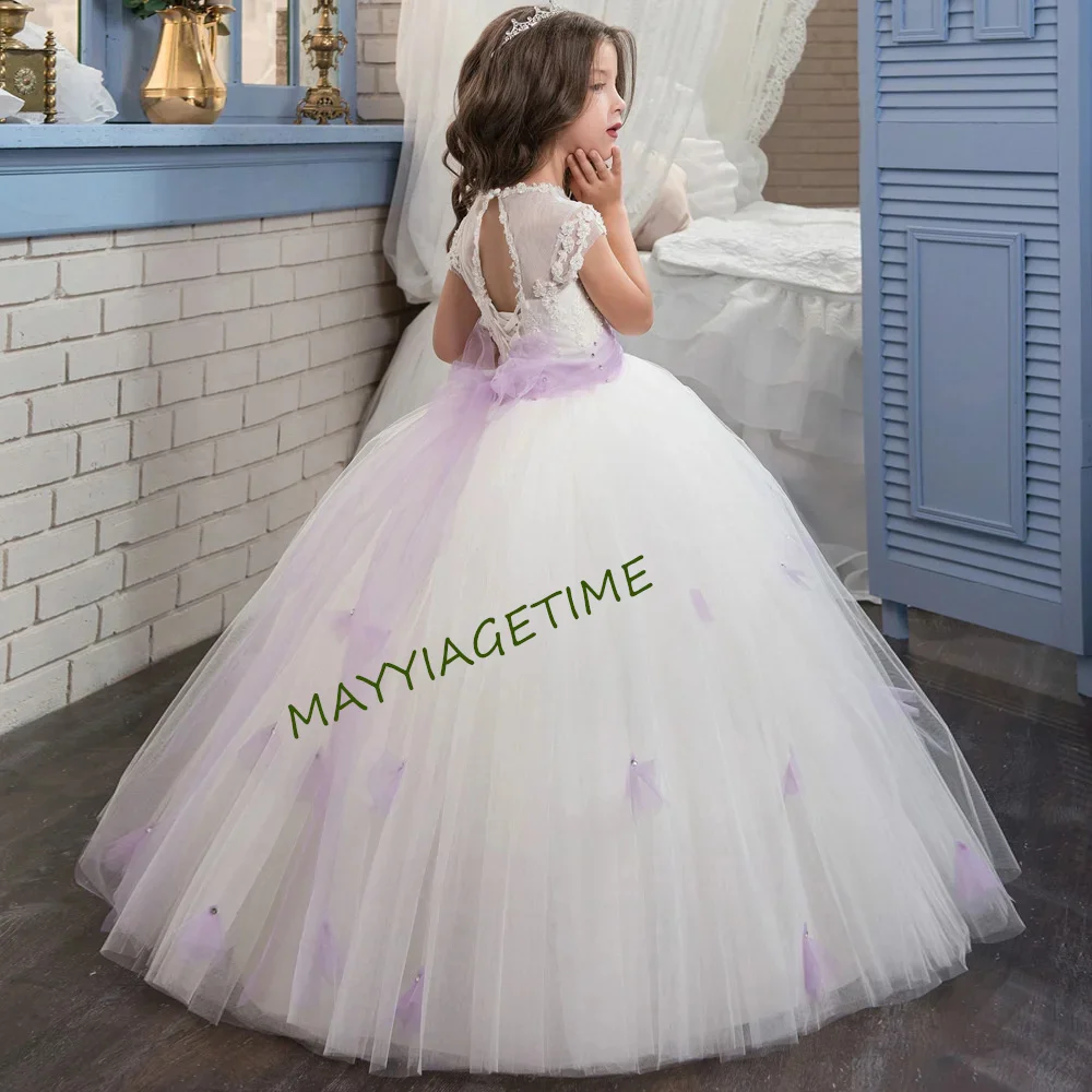 

Elegant Flower Girl Dress Applique Tulle Puffy Lace Floor Length Bow For Wedding Bridesmaid Princess Birthday Party Ball Gown