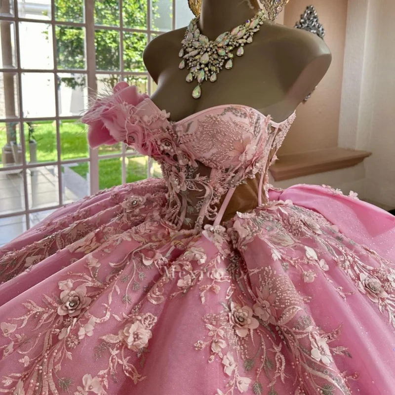 

Pink Quinceanera Dress off-shoulder Glitter Crystal 3D Flower Decal Long tail Bow vestidos de 15 Quinceanera ﻿Customize