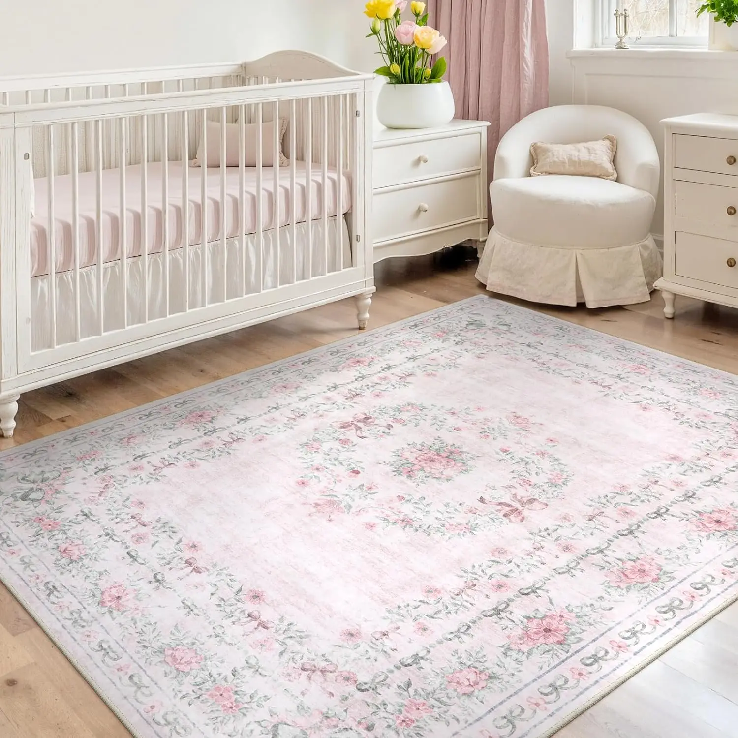 

Floral Bow Pink Washable 5x7 Area Rug, Non-Slip Soft Boho Carpet for Bedroom Kids Room Living Room