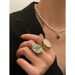 Brass With 18 K Gold Double Side Natural Shell Rings  Women Jewlery Designer T Show Club Cocktail Party Rare Japan Korean