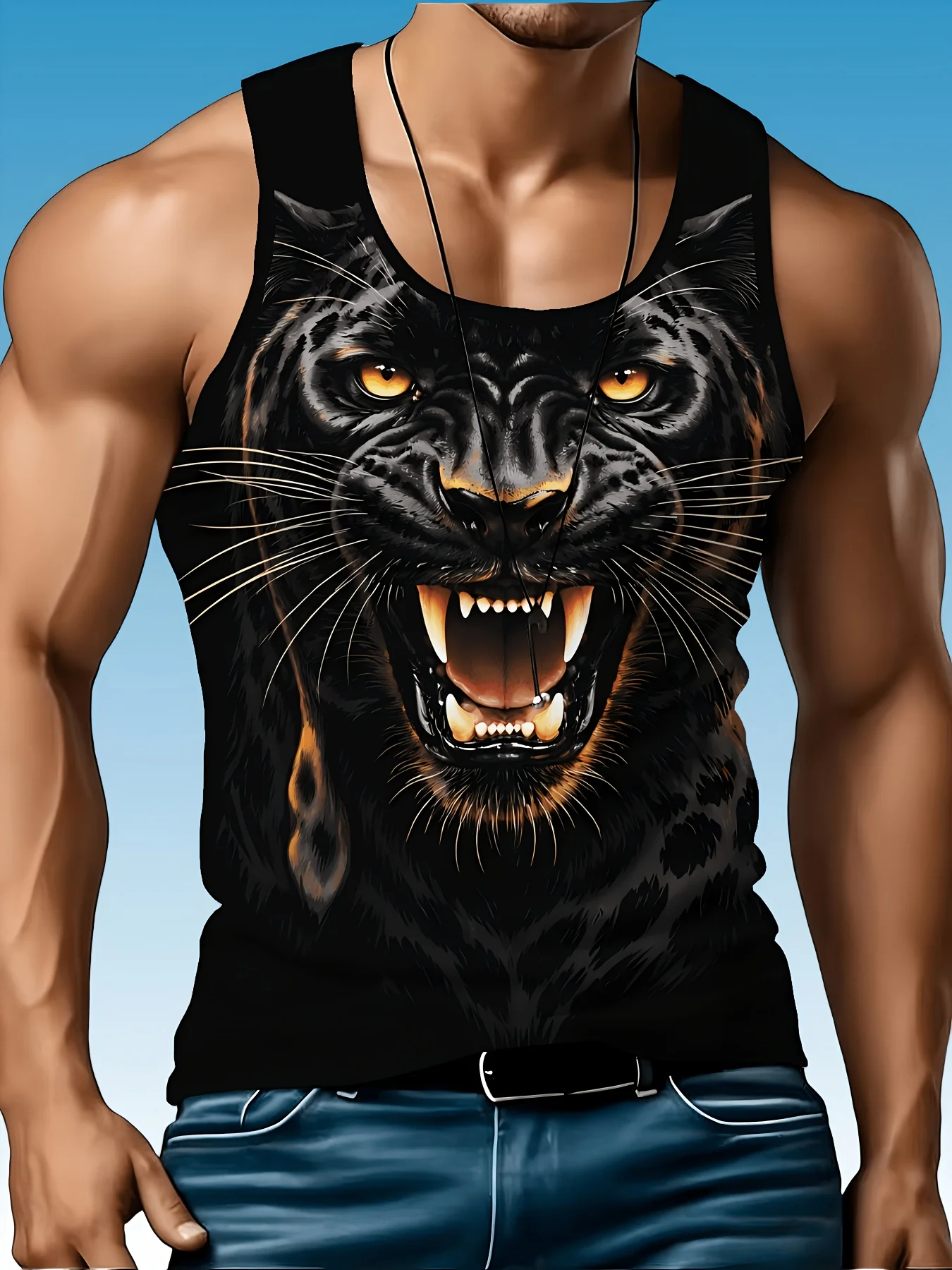 Men's Black Panther Graphic Tank Top, Ferocious Black Tiger Print Sleeveless Muscle Vest, Streetwear Summer Casual Workout Tee