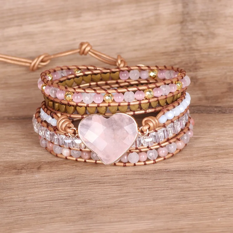 Rose Quartz Natural Stone Wrap Bracelet For Women/Men Multilayer Heart Charms Genuine Leather Boho Handmade Beaded Bracelet