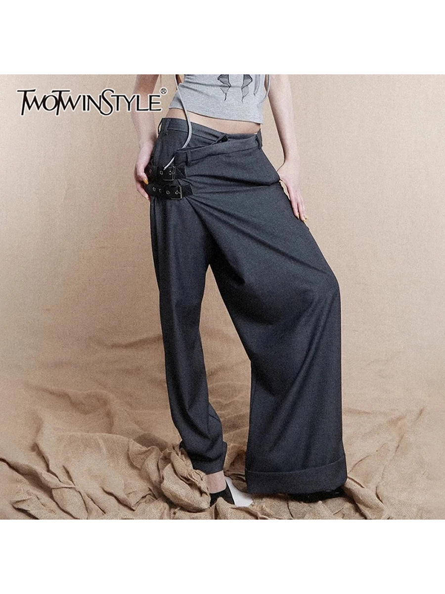 

TWOTWINSTYLE Solid Spliced Belt Irregular Pants For Women High Waist Temperament Minimalist Pant Female Fashion Style Clothes