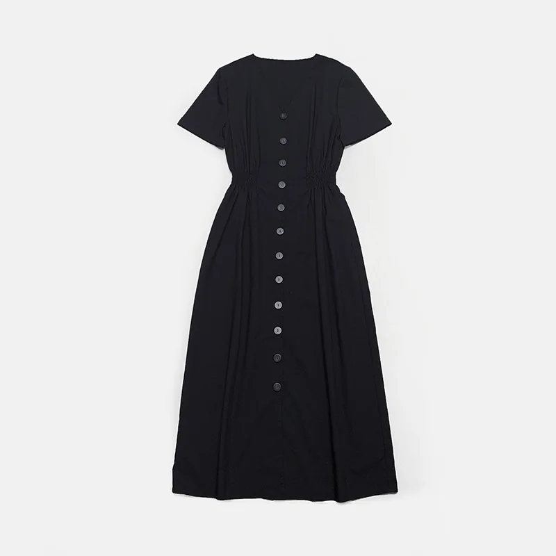 

Withered V-neck Waist Cinched Small Black Dress With Elegant Temperament, High Rise Dress, Mid Length Dress, Summer Style