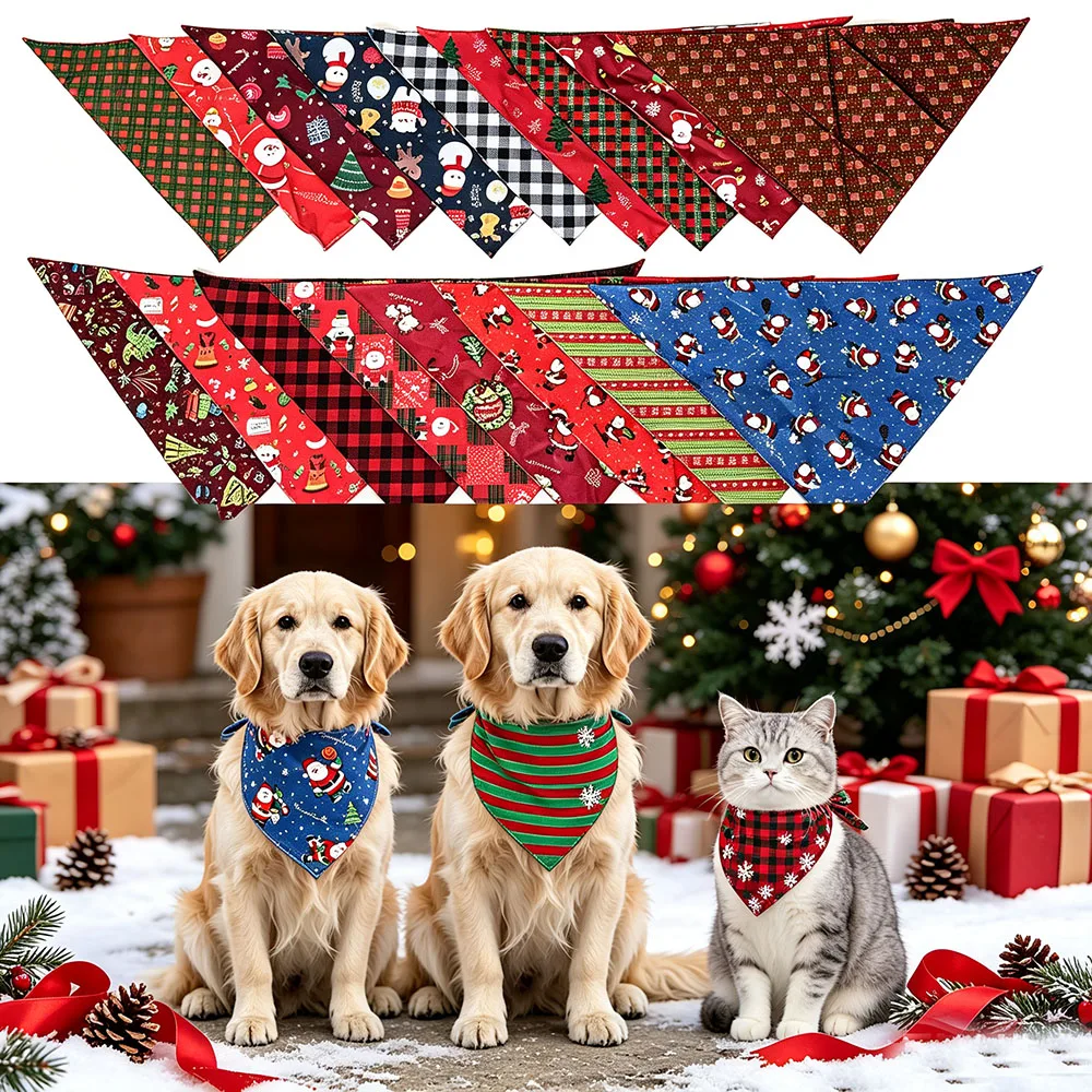 3PCS Color in Random Christmas Pet Bandana, Holiday Dog Cat Triangle Scarf, Xmas Puppy Kitten Neck Kerchief SIZE M