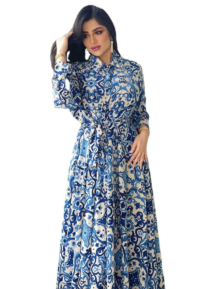 Gaun Abaya Idul Fitri Gaun Hijab Biru Gambar Cetak Wanita Muslim Dubai Pakaian Islami Turki Kaftan Marocain Vestido Musulmane