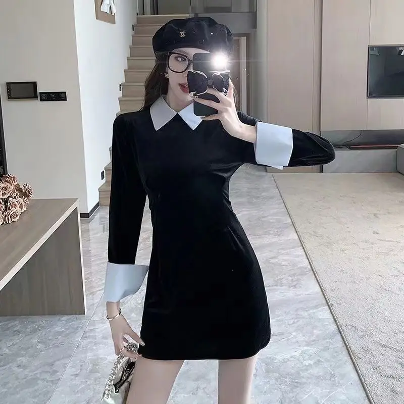 Korean Style Fake Two-piece Spliced Polo Collar Slim Fit Dress for Women with Autumn Temperament Versatile and Hip Hugging Skirt