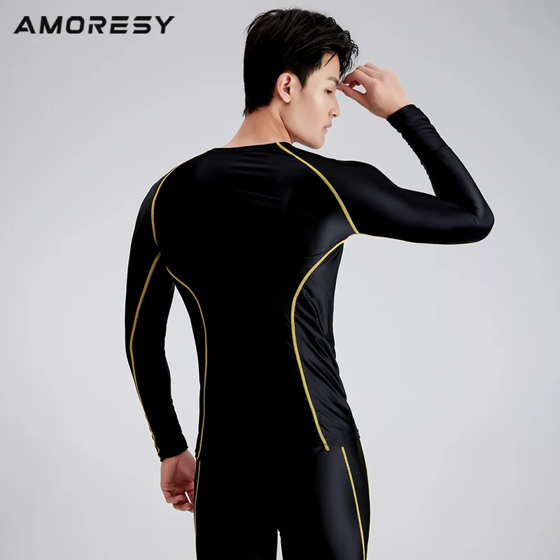 AMORESY Men Glossy Smooth Round Neck Long Sleeve Satin Oil T-Shirt Spandex Compression Surfing Sports Fitness Running Top Tights