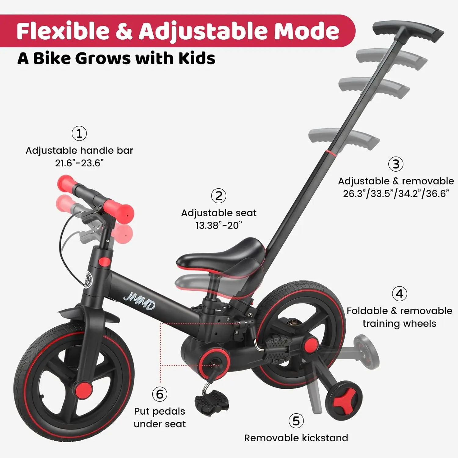 Peuterfiets met duwhandgreep voor kinderen van 18–60 maanden, 6-in-1 opvouwbare duwfiets met zijwieltjes, pedalen, remmen, standaard,