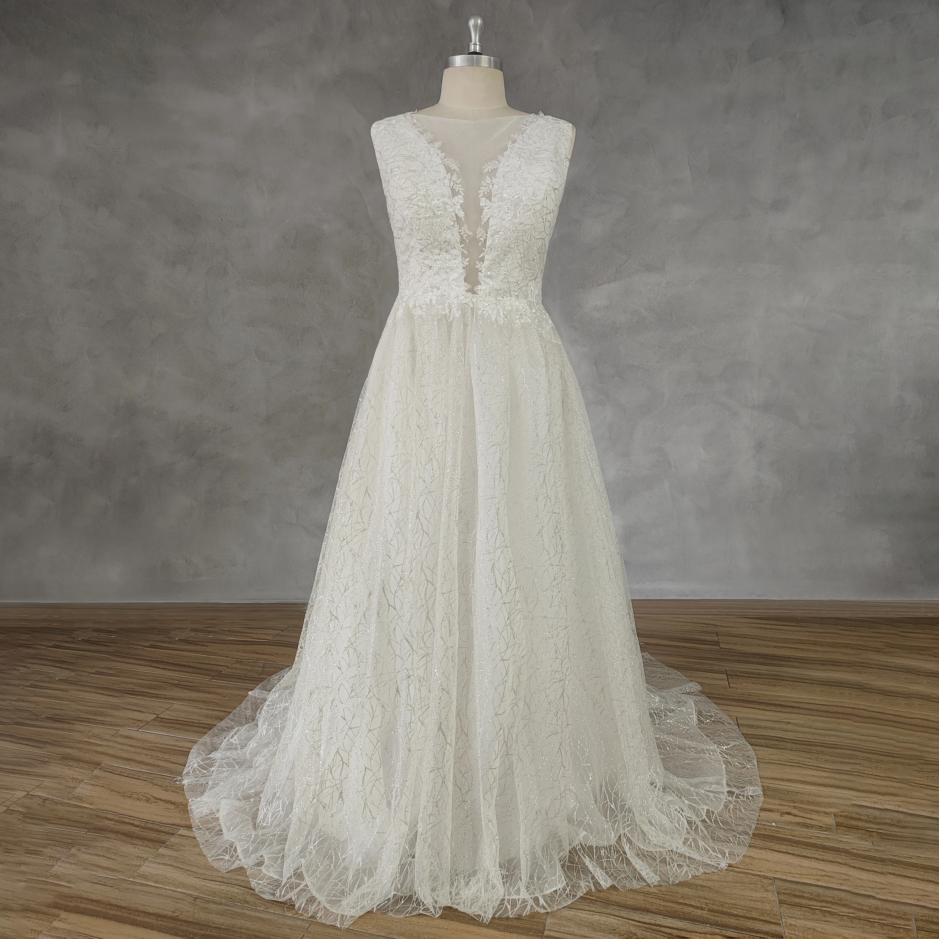 

DIDEYTTAWL Real Picture Deep V-Neck Sleeveless Appliques A-Line Wedding Dress Shiny Tulle Illusion Back Seeep Train Bridal Gown