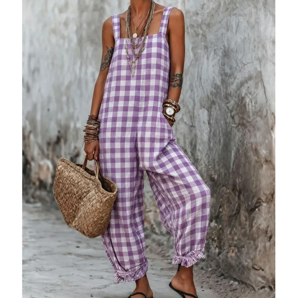 Fashion Summer Plaid Jumpsuit Women Sleeveless Square Neck Loose Trousers Casual Holiday Beach Boho Style Romper With Ruffle Hem view 5
