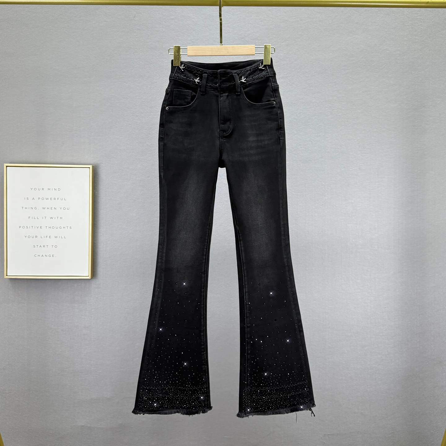 Fleece-Lined Jeans for Women, Long Pants, 2025 Winter New Warm High-Waisted Skinny European Style Rhinestone Frayed Flared Pants