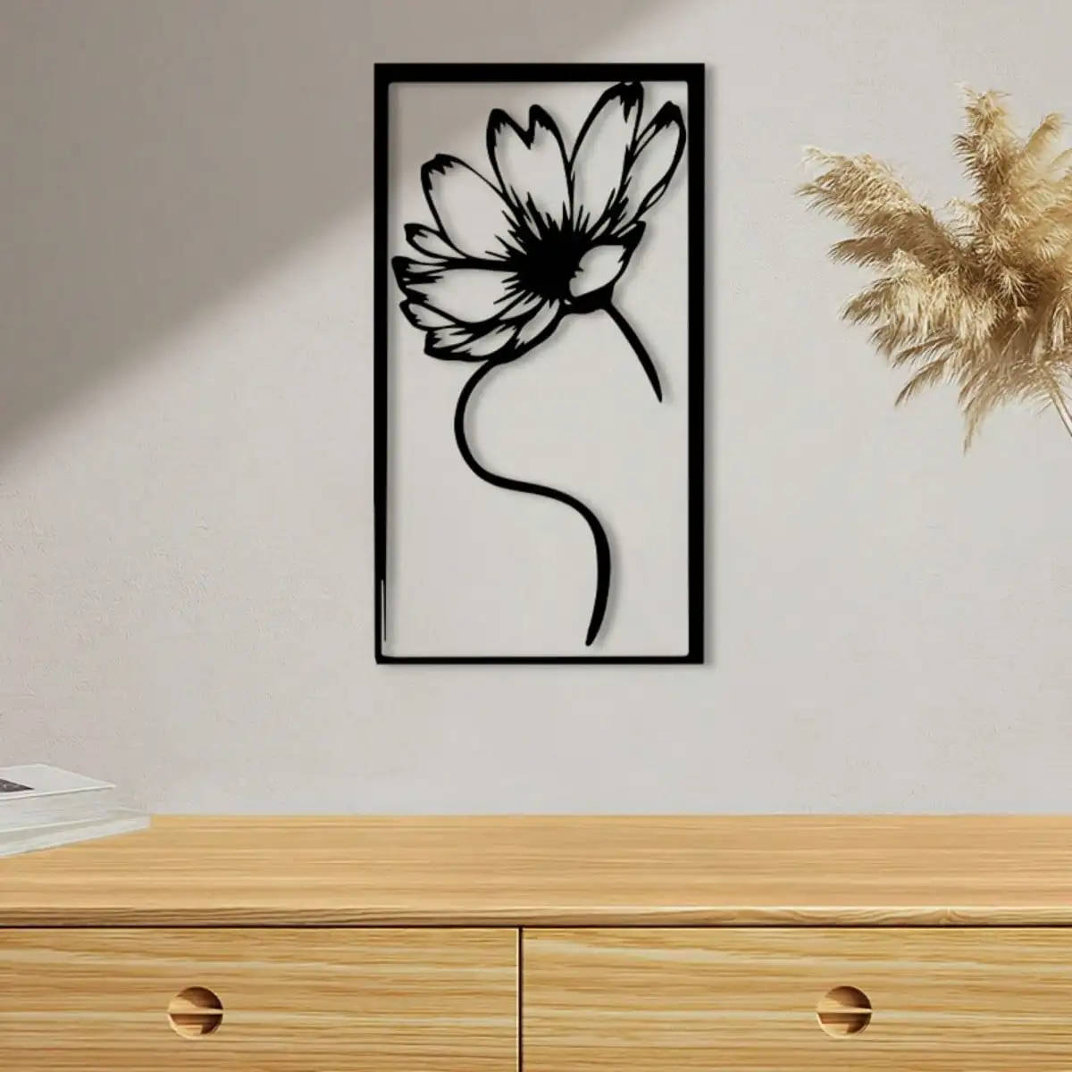 Vintage Black Wildflower Metal Wall Decor,2D Flat Laser‑Cut Silhouette,Powder‑Coated Iron Black‑White Floral Mural,Living Room
