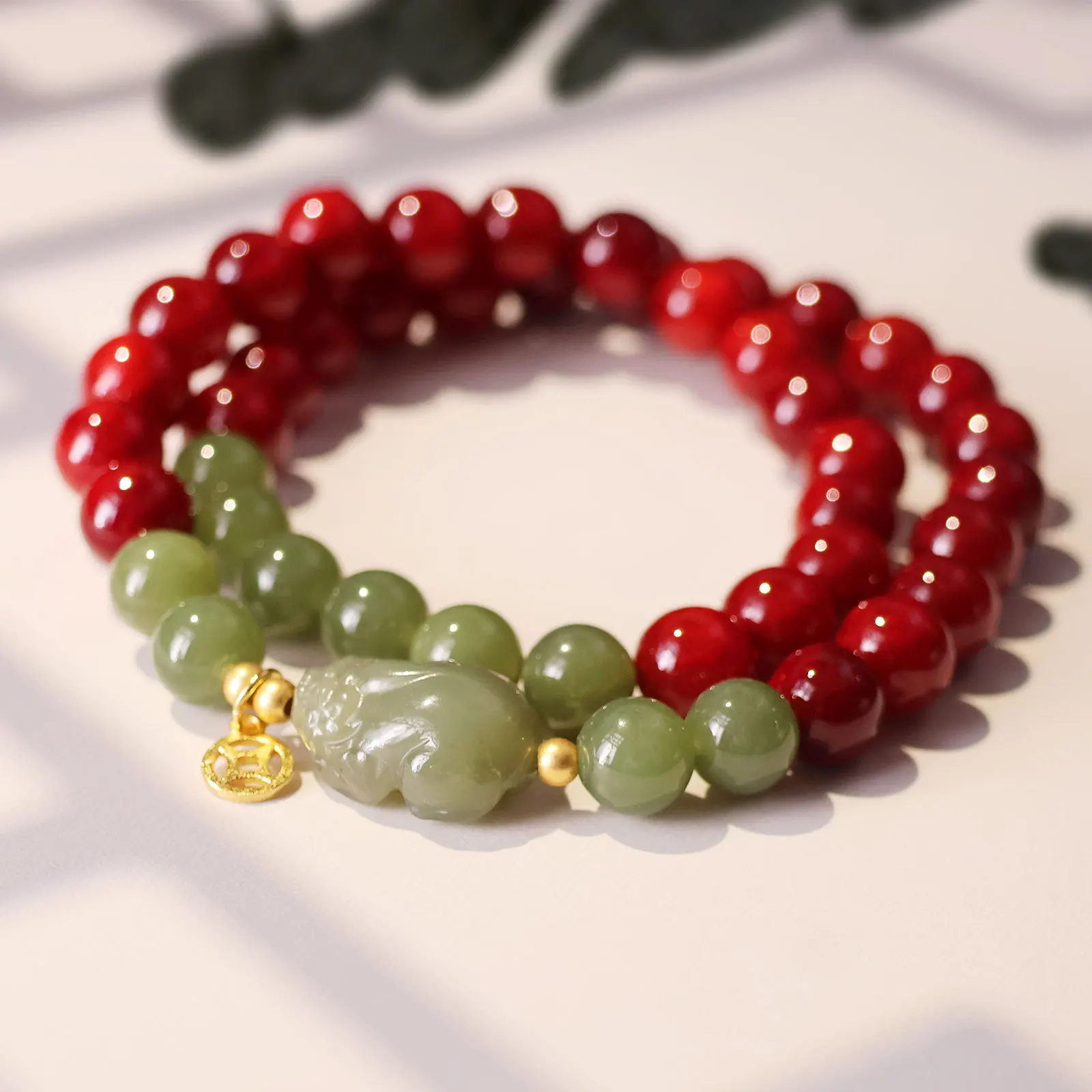

Blood Dragon Wood Bracelet Original Design Light Luxury New Chinese Hetian Jade Pixiu Guofeng Handheld Bracelet
