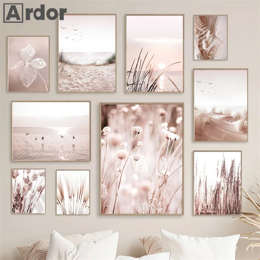 Beige Pink Landscape Posters Plants Grass Reed Wall Art Canvas Painting Beach Print Sunset Bird Picture Modern Living Room Decor