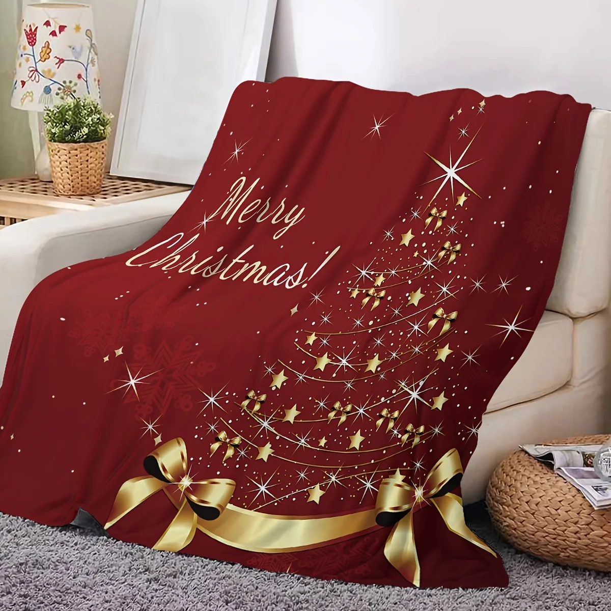 Christmas Tree and Golden Stars Print Flannel Throw Blanket, Red Fleece Shawl for Sofa, Bed, Office, Travel, Camping - Soft and