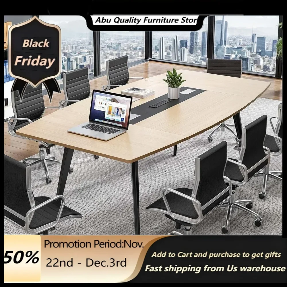 Conference Tables ，6FT Conference Table with Power Outlets, 70.8 Inches Boat Shaped Meeting Table with Rectangle Grommet,