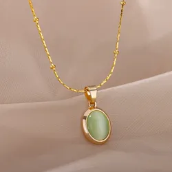 Fashion Stone Opal Oval Necklace For Women Stainless Steel Gold Color Oval Stone Pendant Necklace Wedding Aesthetic Jewelry Gift