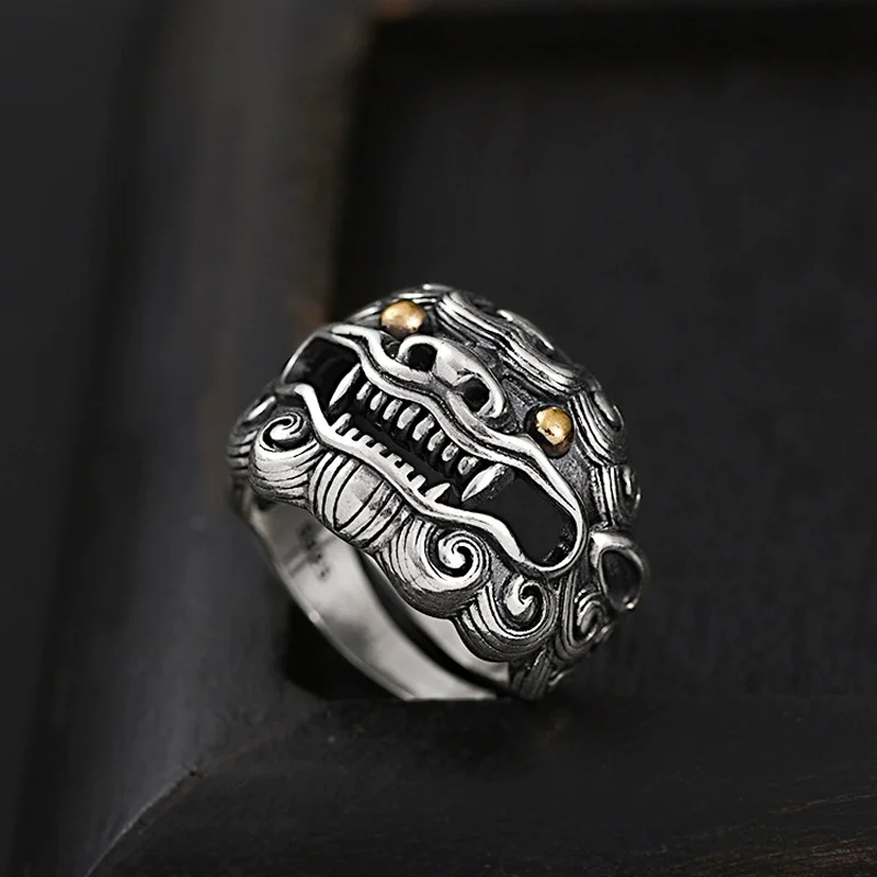 Mythical Pi Yao Beast Ring Adjustable Wide Band Distressed Finish Men's Statement Index Finger Collector's Item Gift for Men