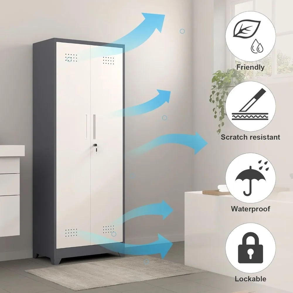 Tall Metal Cleaning Tool Storage Cabinet with Pegboard and Hanging Rod for Broom Closet Organization