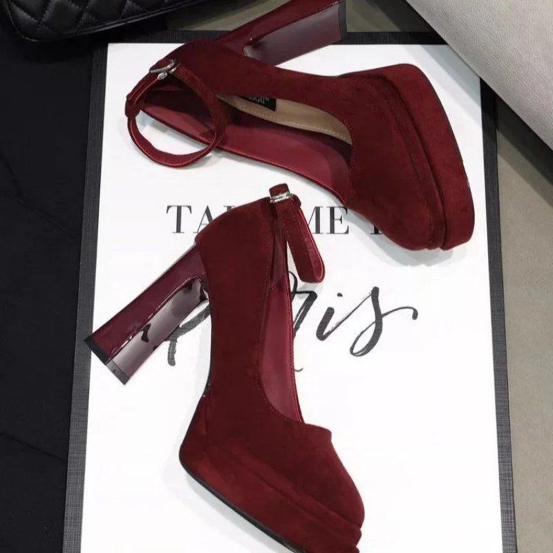 

PURubber Round Toe Cow Suede（Matte Leather）Low-cut Shoes Shallow Mouth One-Strap Buckle High Heels(6-8cm)Chunky Heel