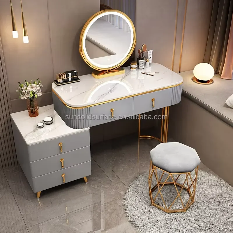 Antique Contemporary Bedroom Dressing Table with Folding Vanity Mirror for Home Furniture and Hotel Use