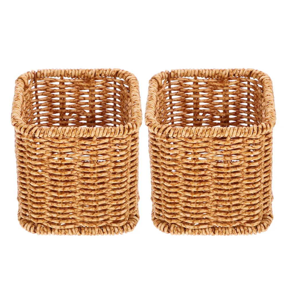2Pcs Stationery Storage Organizer Cute Pen Holder Rattan Weave Desk Makeup Brush Holder Vanity Case Desktop Decoration Cute