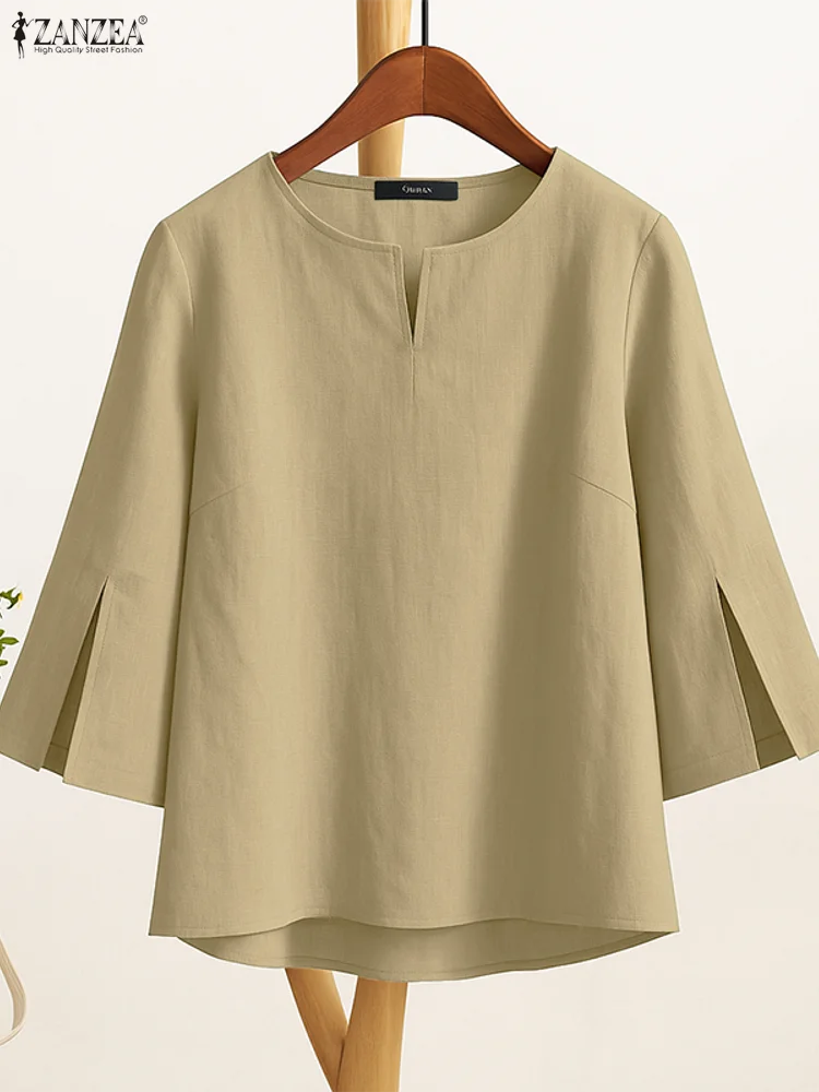 

2025 ZANZEA, осенняя женская стильная однотонная рабочая рубашка OL, повседневная блузка с v-образным вырезом и рукавами 3/4, женские хлопковые топы Mujer Oversize